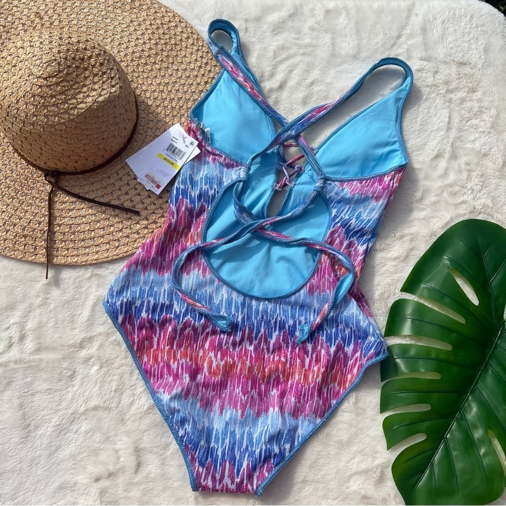 Becca Metallic Plunge Lace Up One Piece Swimsuit Joshua Tree Print NWT M - Picture 7 of 8